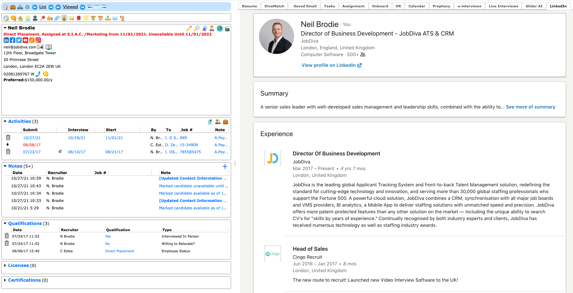Candidate profile screenshot
