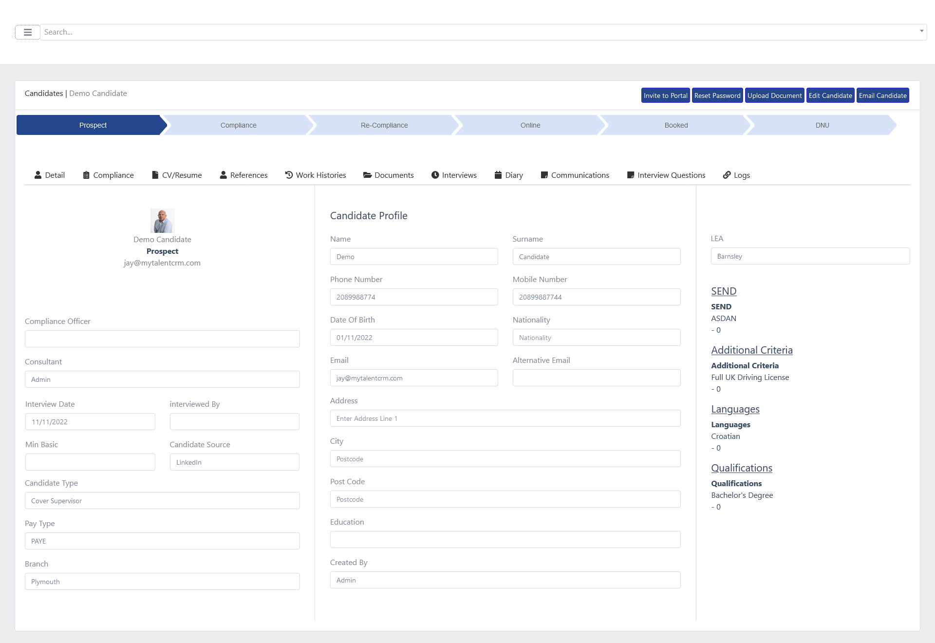 Candidate profile screenshot