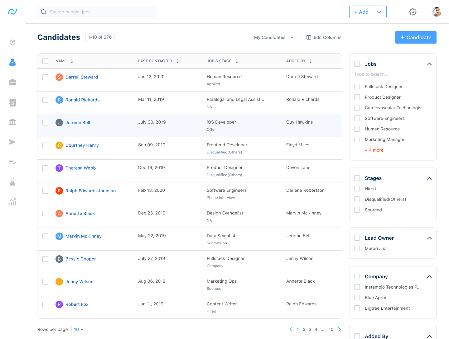Applicant list screenshot