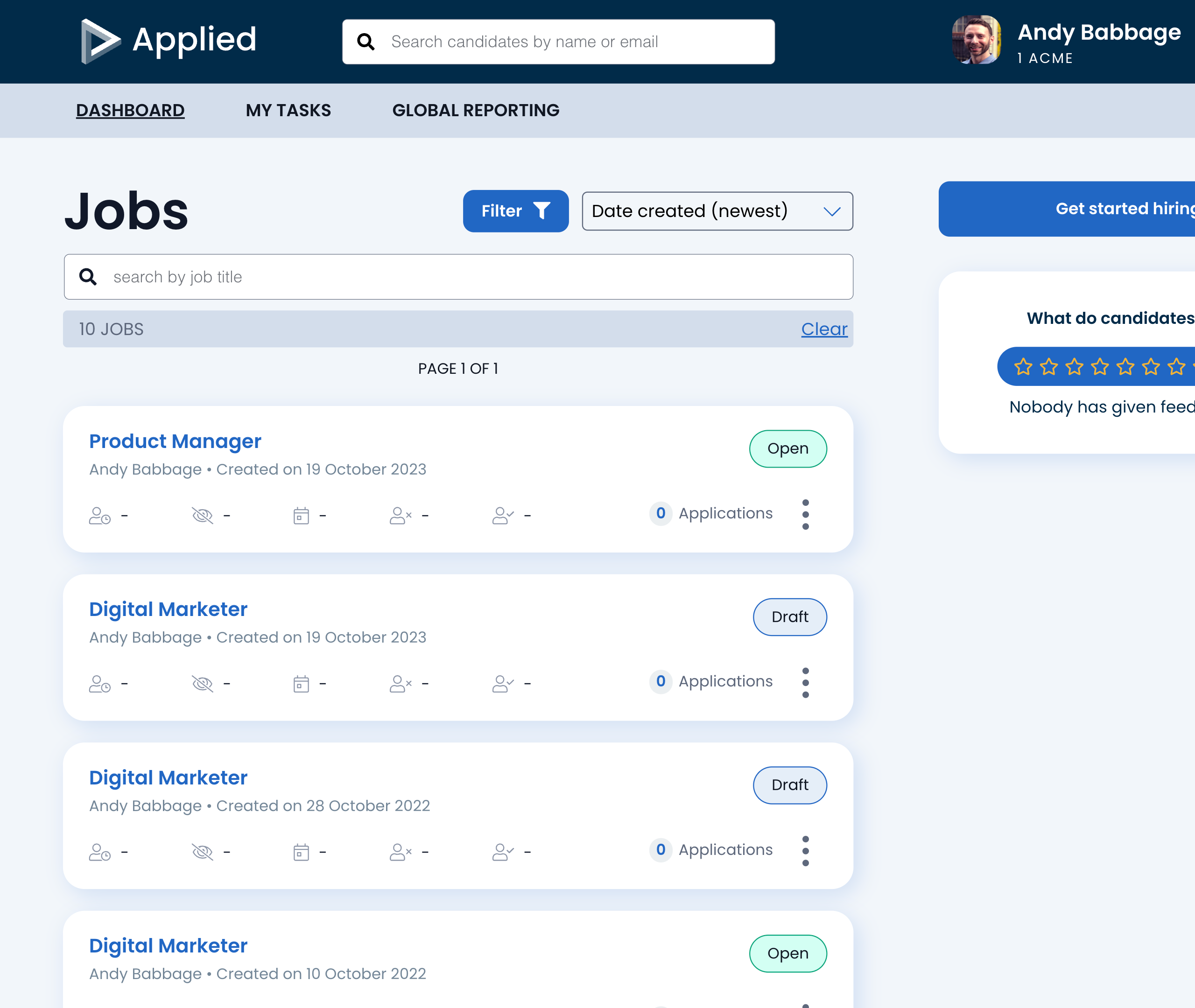 Recruiter dashboard homepage screenshot