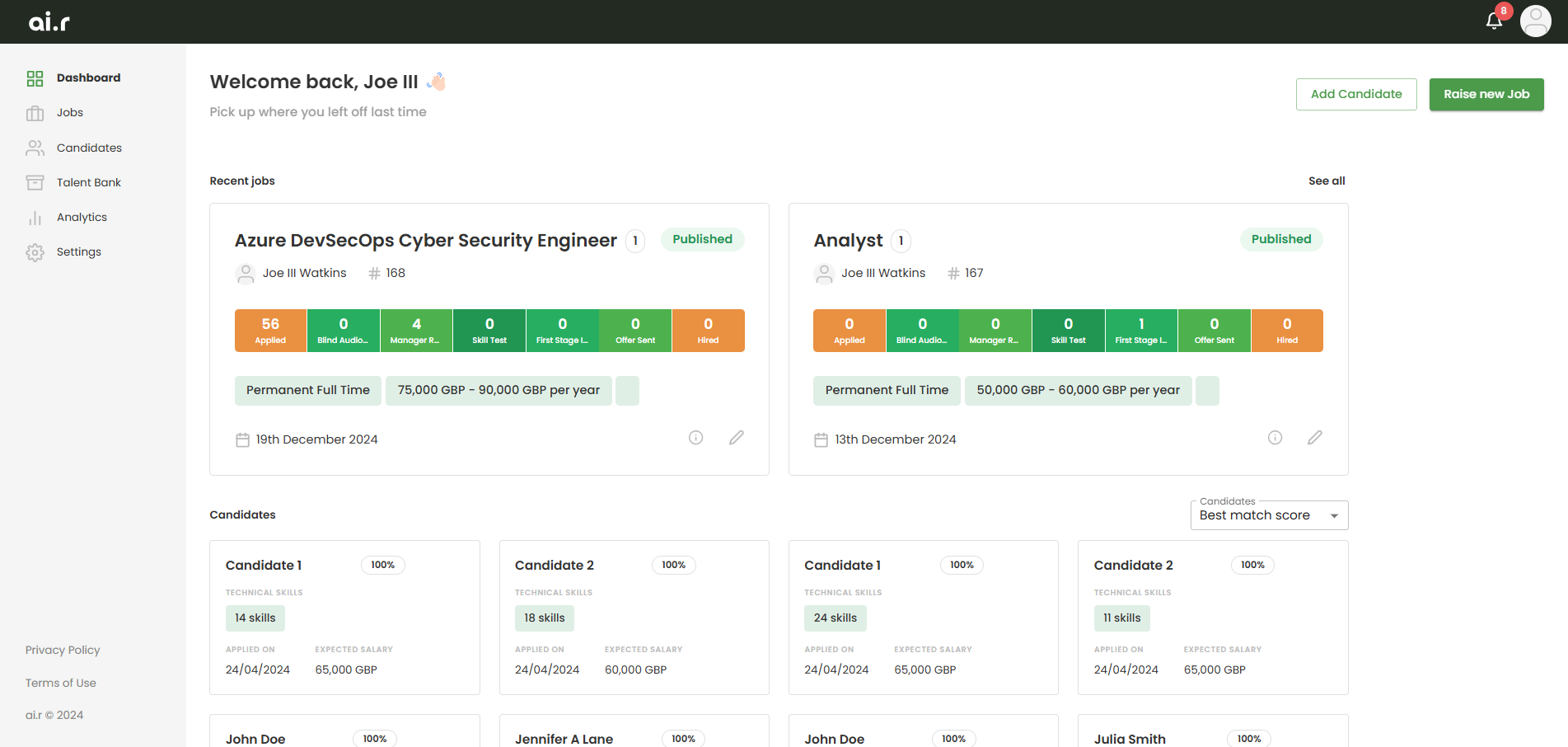 Recruiter dashboard homepage screenshot