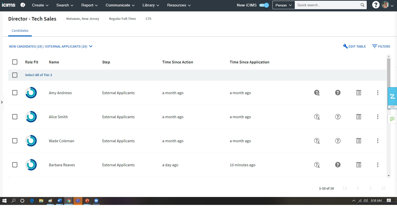 Applicant list screenshot