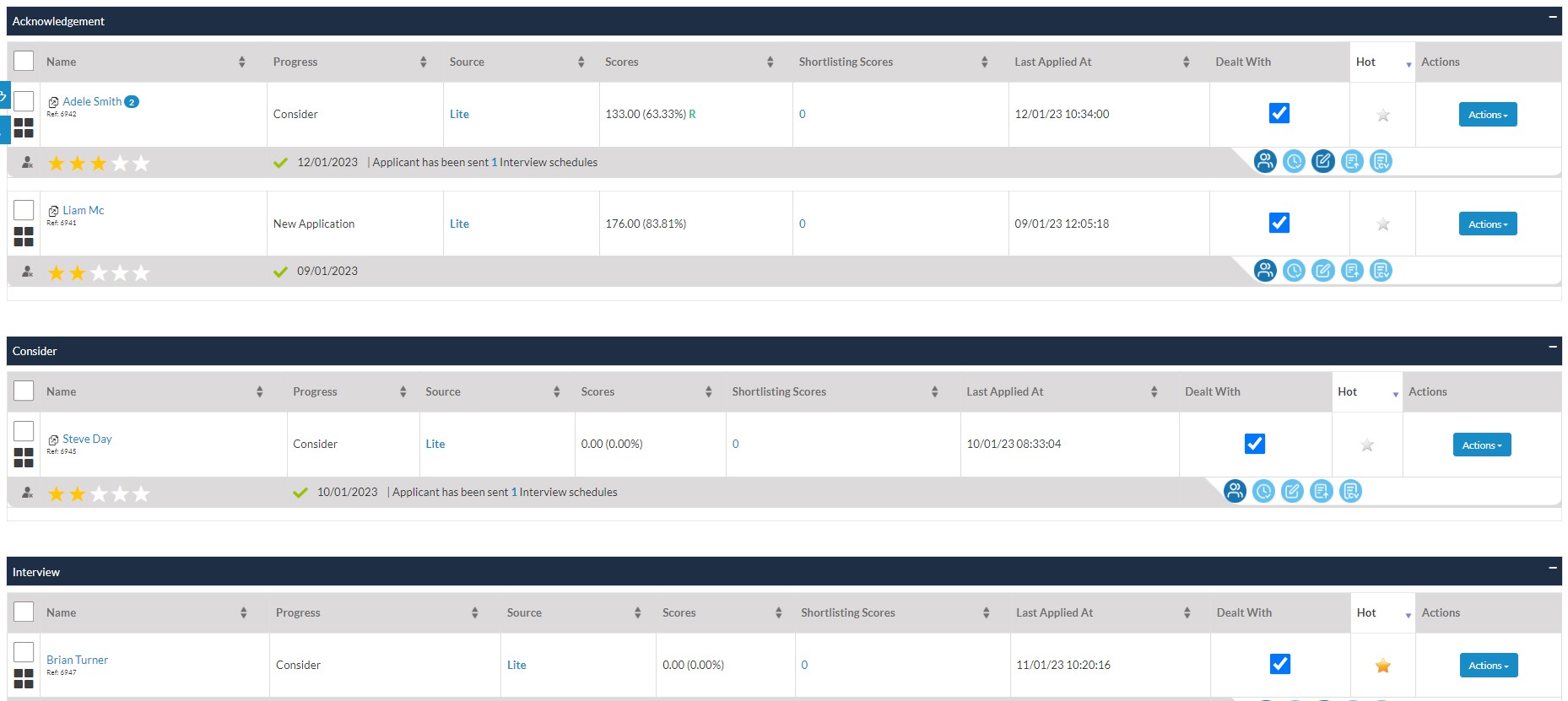 Applicant list screenshot