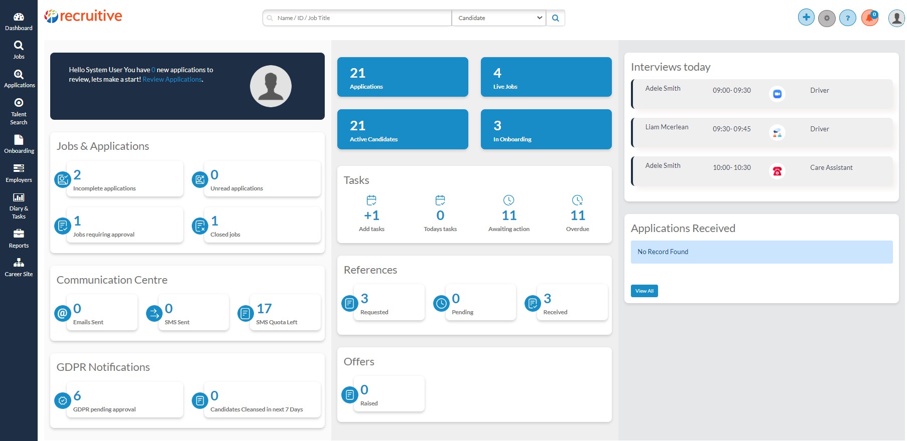 Recruiter dashboard homepage screenshot