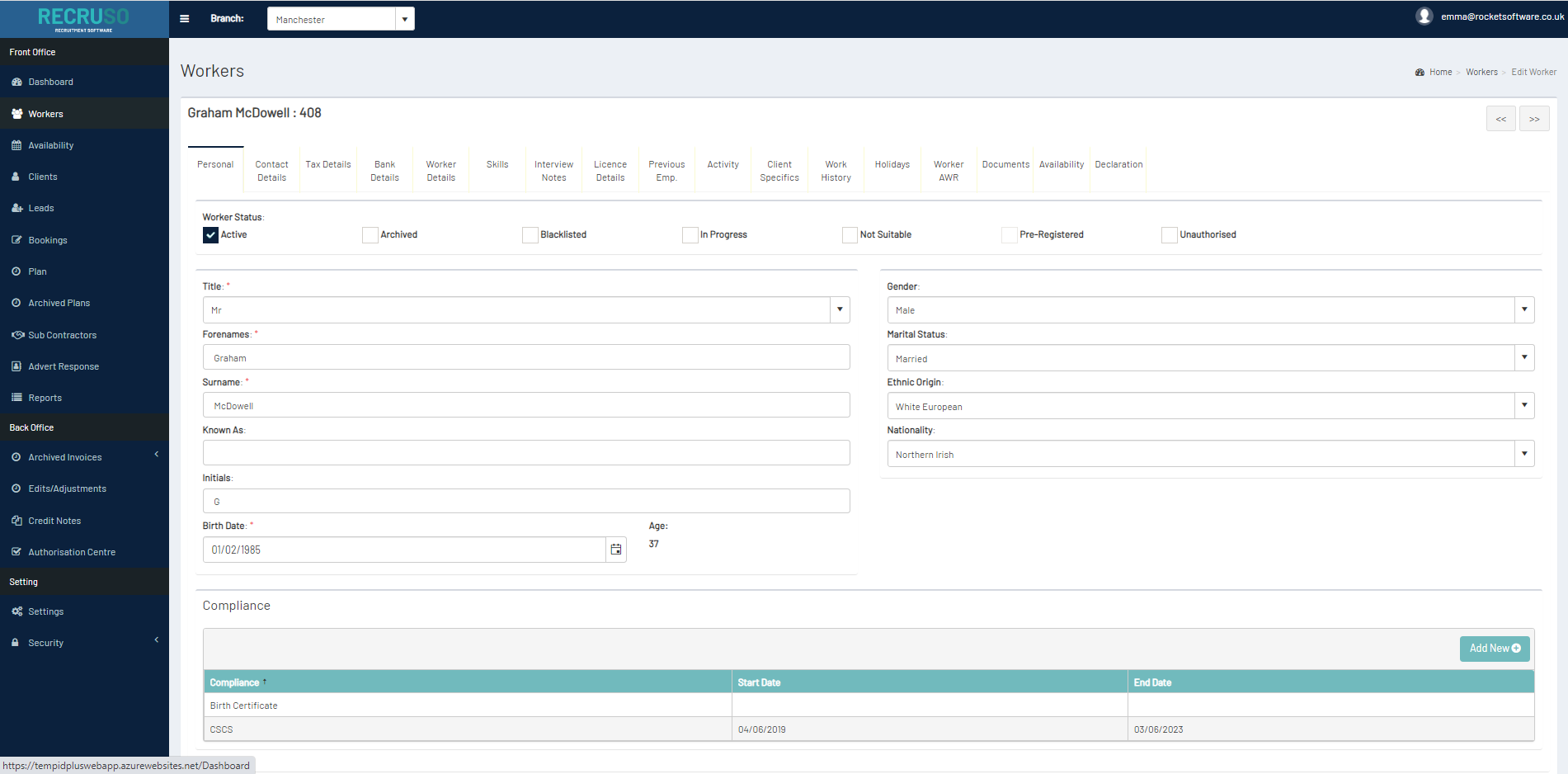 Candidate profile screenshot