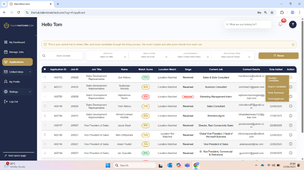 Candidate profile screenshot