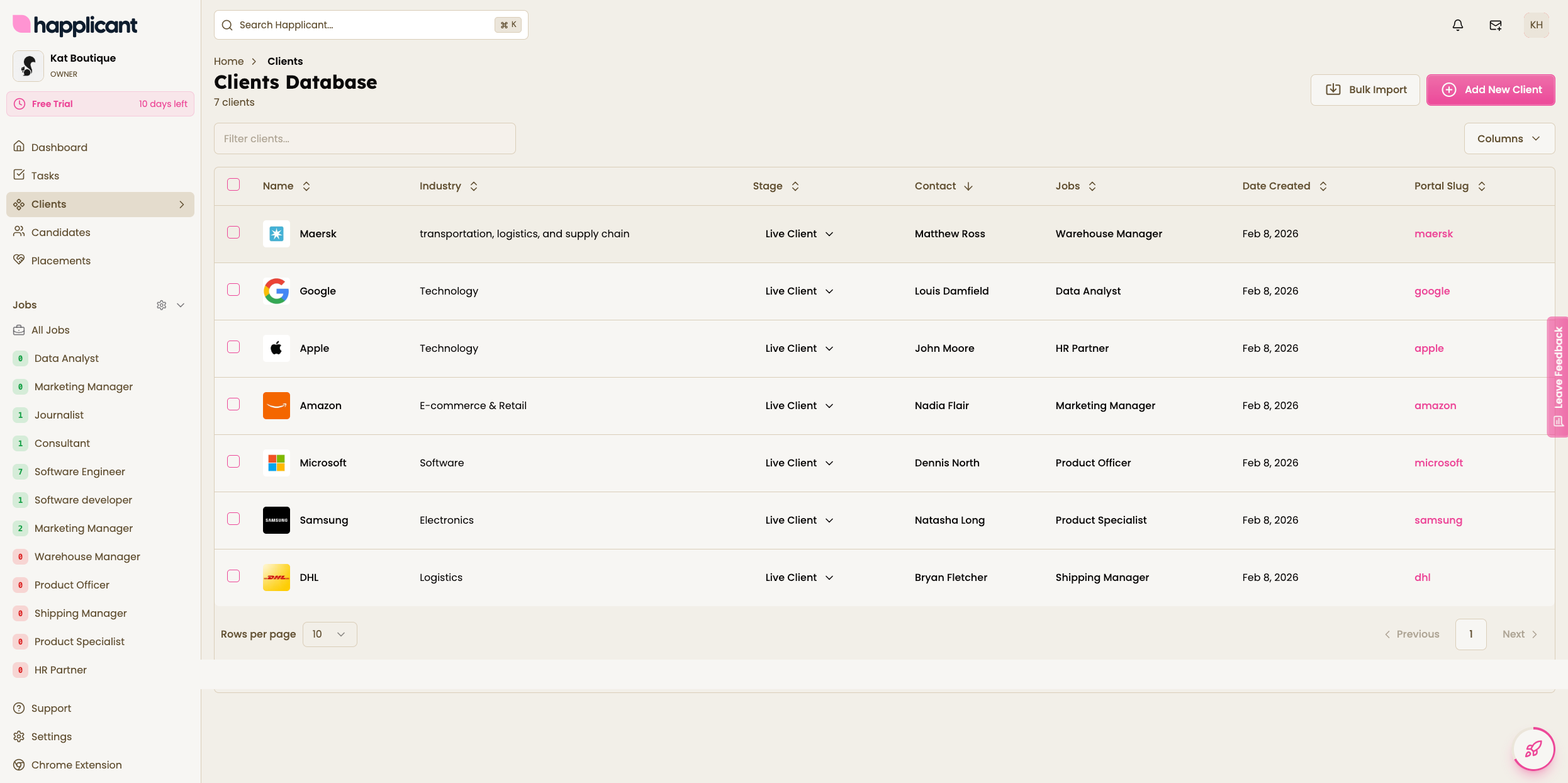 Applicant list screenshot